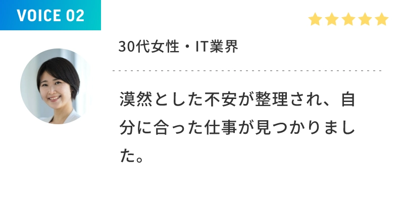 VOICE 02 30代女性・IT業界 漠然とした不安が整理され、自分に合った仕事が見つかりました。