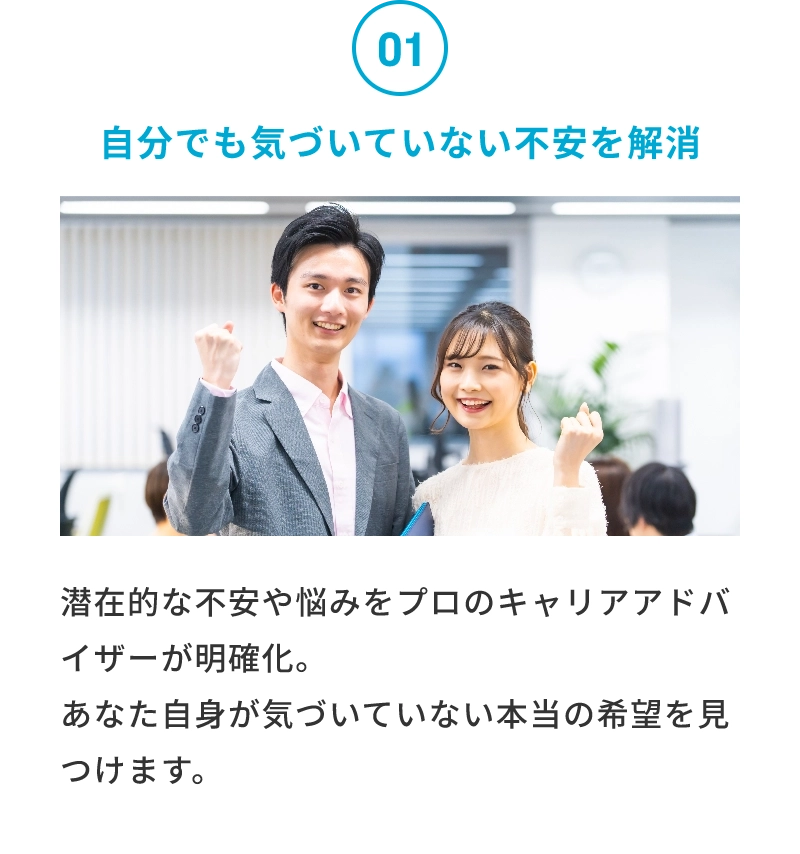 01 自分でも気づいていない不安を解消 潜在的な不安や悩みをプロのキャリアアドバイザーが明確化。あなた自身が気づいていない本当の希望を見つけます。